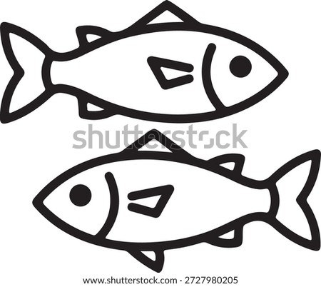 A simple, stylized, black and white line drawing of two identical fish swimming side by side. The fish are facing left, with their bodies curved slightly upwards. Each fish has a single eye, a dorsal fin, a pectoral fin, and a forked tail. The drawing has a clean, minimalist aesthetic.