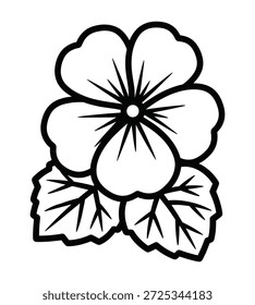 Un simple y estilizado dibujo de contorno en blanco y negro de una flor de bronce con dos hojas. La flor tiene cinco pétalos y un centro detallado.