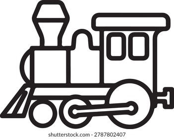 Simple and stylized black and white vector illustration of a classic steam train moving forward with an old-fashioned design.