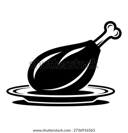 A simple, stylized black and white vector illustration depicting a roasted chicken drumstick served on a plate, perfect for food-related designs.