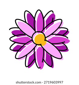 Simples ícone de flor estilizado com pétalas roxas e rosa vibrantes com um centro amarelo, destacando os conceitos de natureza, crescimento e beleza em um estilo gráfico moderno