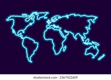 Simple Stylized Blue Neon World Map in Minimal Thin Line Outline Shape. Contours Continents of the Globe Isolated on a Black Blue Background. Vector Illustration.
