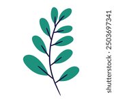 Simple and stylized branch with multiple teal leaves and a dark blue stem. Perfect for minimalist designs, branding, and social media graphics.