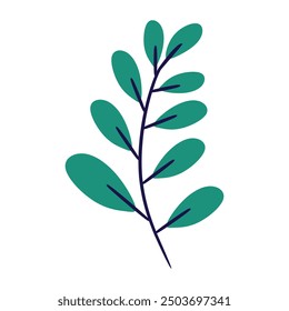 Simple and stylized branch with multiple teal leaves and a dark blue stem. Perfect for minimalist designs, branding, and social media graphics.