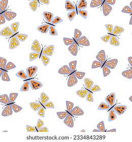Simple stylized butterflies seamless pattern. Flying insect print. Design for fabric, textile print, wrapping paper, cover, poster. Vector illustration