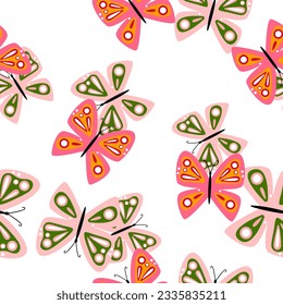 Simple stylized butterflies seamless pattern. Flying insect print. Design for fabric, textile print, wrapping paper, cover, poster. Vector illustration
