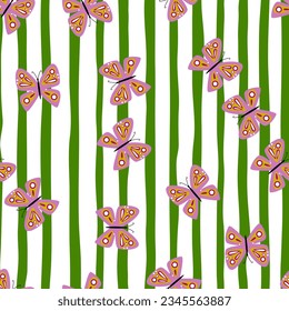 Simple stylized butterflies seamless pattern. Flying insect print. Design for fabric, textile print, wrapping paper, cover, poster. Vector illustration