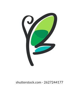Simple and stylized butterfly icon with a green and blue color scheme. Perfect for nature, beauty, and wellness designs.