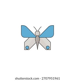 Una ilustración de mariposa simple y estilizada con Formas geométricas, colores suaves azules y grises y un diseño limpio y minimalista.