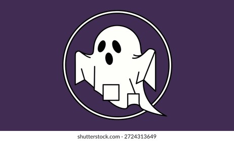 Ein einfacher, stilisierter Cartoon-Geistercharakter innerhalb eines Kreises, der auf einfarbigem violettem Hintergrund abgebildet ist. Perfekt für Halloween oder gruselige Themen.
