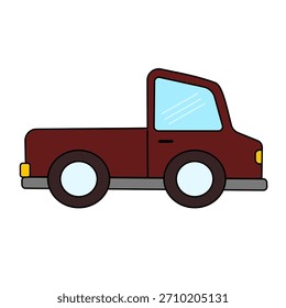 Simples, ilustração de desenho animado estilizado de uma caminhonete maroon, vista lateral. Linhas limpas, cores brilhantes e um design minimalista fazem com que seja ideal para conteúdo infantil ou elementos gráficos.