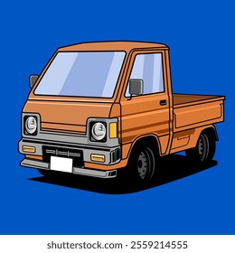 A simple and stylized cartoon sticker of a retro orange pickup truck. The design features essential car elements like wheels, headlights, and taillights, set against a pastel blue background.