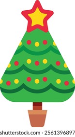 Simple stylized christmas tree with yellow and red star and colorful balls is growing in pot, celebrating christmas time, winter holidays and new year s eve