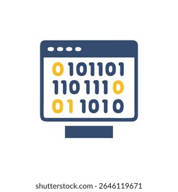 A simple stylized computer screen filled with binary code with yellow accents. Flat design style with rounded shapes and a White Background.