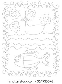 Simple stylized contour line drawing with duck, water and fish.