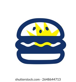 Simple, stylized, dark-blue outline hamburger with a yellow, spiky top
