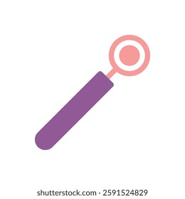 Simple stylized dental mirror icon in pink and purple hues. Represents dental hygiene, checkups and professional oral care services.