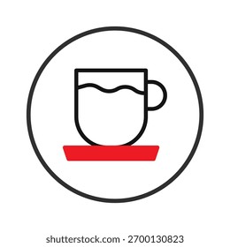Uma representação simples e estilizada mostra um ícone minimalista da xícara de café em um pires vermelhos. O contorno preto sobre um fundo branco cria uma estética limpa e moderna que é adequada para uma variedade
