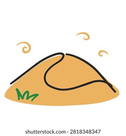A simple stylized doodle of a desert sand dune with swirling wind lines and a small tuft of grass on a white background