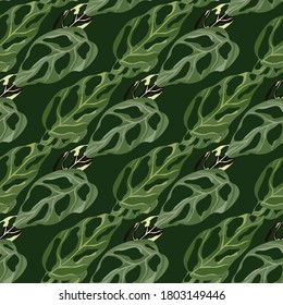 Simple stylized doodle seamless pattern with monstera elements. Green palette exotic artwork. Perfect for wallpaper, textile, wrapping paper, fabric print. Vector illustration.