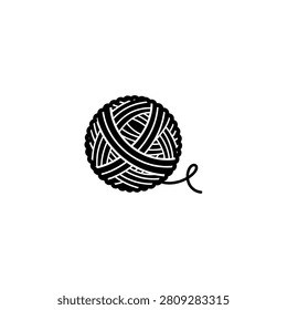A simple, stylized drawing of a ball of yarn with a loose end, presented in black and white.