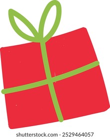 Simple, stylized drawing of a red gift box with a green ribbon and bow, slightly tilted to the right.