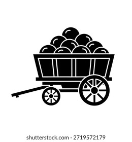 Un dibujo simple y estilizado de un Carrito rústico rebosante de artículos esféricos, que probablemente representan productos o bienes.
