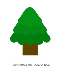 Ilustración de árbol de hoja perenne simple y estilizada. Diseño plano, follaje verde vibrante, tronco marrón. Aislado en blanco. Naturaleza, bosque, medio ambiente, temas de vacaciones. Limpio, moderno.