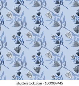 Simple stylized floral seamless pattern with tulips. Flower silhouettes and background with grey and blue colors. Design for wallpaper, textile, wrapping paper, fabric print. Vector illustration.