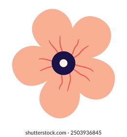 A simple, stylized flower with four delicate petals, a dark center, and a contrasting white circle. For floral and decoration theme illustration