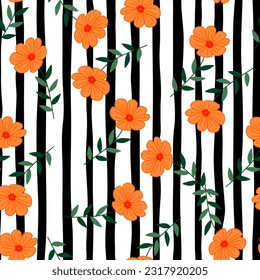 Simple stylized flower seamless pattern. Decorative naive botanical backdrop. For fabric design, textile print, wrapping paper, cover. Vector illustration