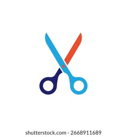 A simple, stylized graphic depicting a pair of scissors with blue and red blades against a white background.  The design is clean and modern.