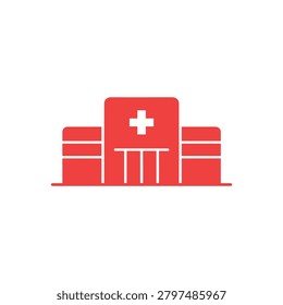 Simple stylized graphic of a hospital structure featuring a prominent red cross symbol in the center
