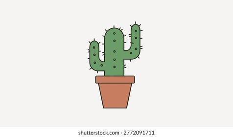 A simple, stylized green cactus with spikes sits in a terracotta pot