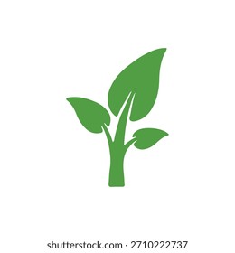Un ícono verde simple y estilizado de una planta joven con tres hojas que brotan de un tallo, que simboliza el crecimiento y la naturaleza.