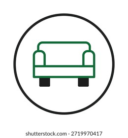Um simples e estilizado contorno verde de um sofá sobre um fundo branco, fechado em um círculo preto. Esta imagem evoca pensamentos de relaxamento, mobiliário caseiro e design contemporâneo com a sua limpeza