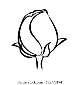Einfache stilisierte handgezeichnete schwarze Umrisssilhouette aus Rosenknospe mit Blatt.