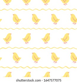 Сute simple stylized hand drawn chicks seamless repeat vector pattern. Easter chickens and wavy stripes, lines, yellow streaks, waves geometrical texture. Endless poultry farm background with hen. 