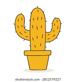 A simple and stylized hand drawn illustration of a yellow cactus planted in a matching pot isolated on a white background