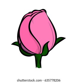 Simple stylized hand drawn pink rose bud with green leaf isolated on white background.