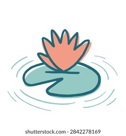 A simple and stylized hand drawn vector graphic featuring a blooming lotus flower resting on a lily pad with water ripple effects