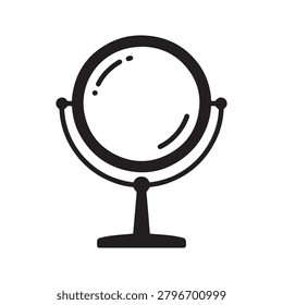 A simple, stylized hand-drawn vanity mirror with a circular reflective surface showing a smiling face. The mirror has two curved supports and a small base, rendered in bold black lines with subtle sha.