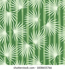 Simple stylized hawaii seamless talipot foliage branches pattern. Light ornament on background with green strips. Backdrop for fabric design, textile print, wrapping, cover. Vector illustration