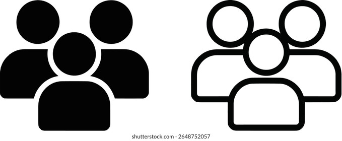 Un icono simple y estilizado que representa a un grupo de tres personas en un estilo de silueta. Este gráfico está aislado sobre un fondo blanco limpio, lo que lo hace versátil para diversas aplicaciones de diseño.
