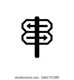 Un icono simple y estilizado de un poste de señalización con dos brazos, cada uno mostrando dos flechas que apuntan en direcciones opuestas.
