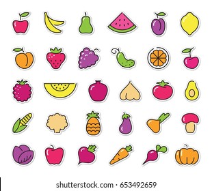 Simple stylized icons on stickers of vegetables and fruits