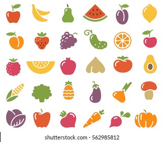 Simple stylized icons of vegetables and fruits.