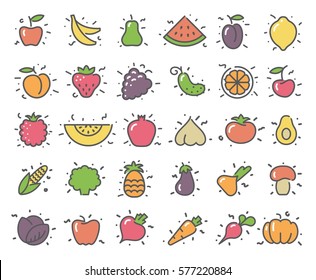 Simple stylized icons of vegetables and fruits.