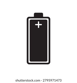 A simple, stylized illustration of a battery icon featuring a black fill with a white plus sign on the positive terminal, outlined in white against a plain background.