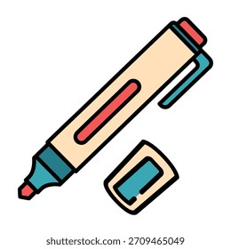 Una ilustración simple y estilizada de un marcador iluminador beige y verde azulado con un detalle de rayas rojas, que se muestra junto a su gorra desmontada. Este instrumento de escritura esencial es perfecto para enfatizar 